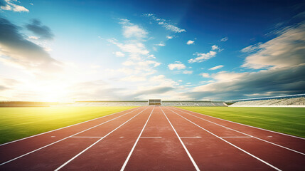 Running track race with green grass and beautiful sky background, empty runway, stadium arena for sport match