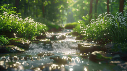 Sparkling Stream in Blooming Forest - A sparkling stream flowing through a blooming forest with sunlight dappling the water and flowers. Scenic nature view.