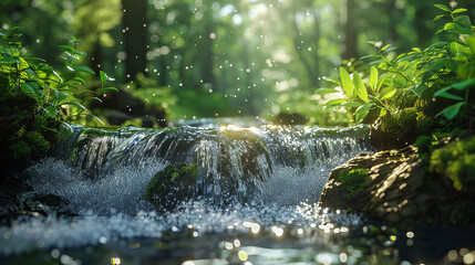 Tranquil Forest Stream with Sunlight- A serene forest stream flowing over rocks with sunlight filtering through the trees. Peaceful nature scene.