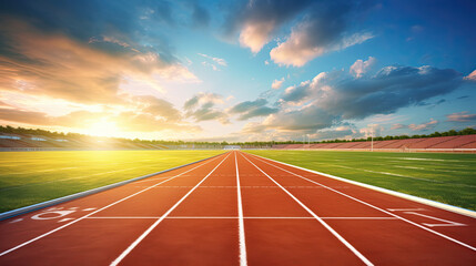 Running track race with green grass and beautiful sky background, empty runway, stadium arena for sport match