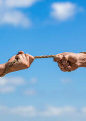 Rescue, help, helping gesture or hands. Conflict tug of war. Rope, cord. Hand holding a rope, climbing rope, strength and determination. Strong hold. Two hands, helping hand of a friend