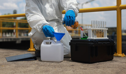 Scientists biologists or researchers in protective suits taking water samples from wastewater from...