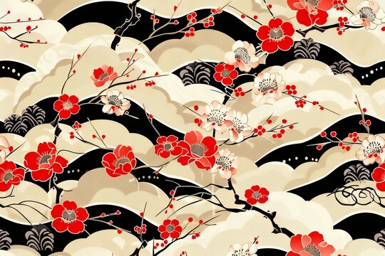 a traditional Japanese-inspired pattern. It showcases red cherry blossoms blooming on black branches wavey background