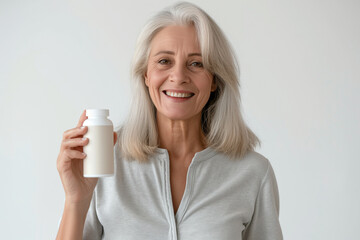 A smiling woman of 65 years old with a white jar in her hand on a white background. Photos for advertising medicines and biologically active additives.