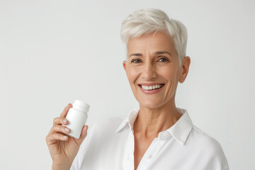 A smiling woman of 65 years old with a white jar in her hand on a white background. Photos for advertising medicines and biologically active additives.
