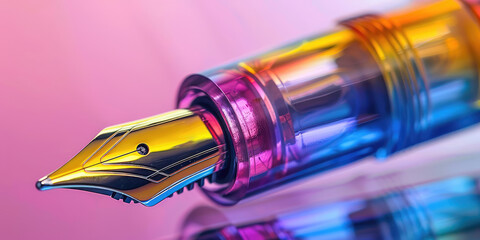 Macro close-up of a colored fountain pen on simple background with copy space