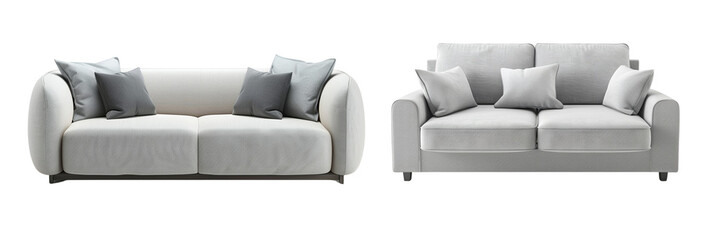 Set of A modern living room with a cutout double seat sofa in light grey isolated on transparent background
