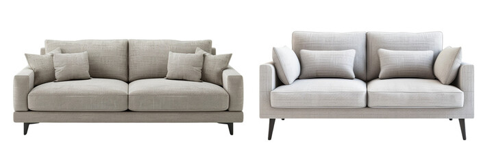 Set of A modern living room with a cutout double seat sofa in light grey isolated on transparent background