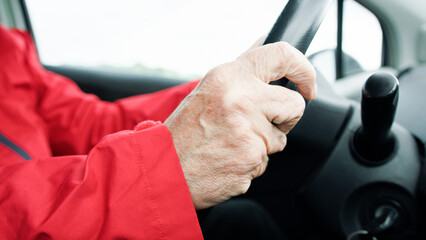 Hands Of An Old Driver On A Steering Wheel Details