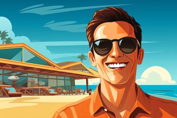 Happy man flat design front view sunny beach animation vivid
