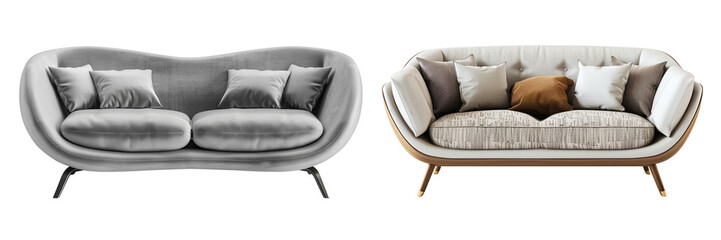 Set of A modern living room with a cutout double seat sofa in light grey isolated on transparent background