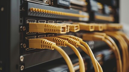 Close up of ethernet cables on fiber optic background in data center network infrastructure