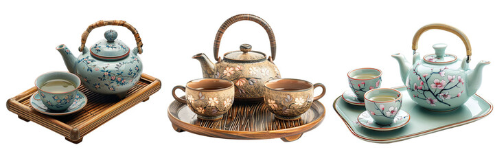 Set of A teapot and two teacups on a tray isolated on transparent background