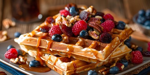 Delicious Belgian Waffles with Dried Fruit, Nuts, and Caramel on Rustic Background. Concept Food Styling, Belgian Waffle Recipe, Gourmet Breakfast, Sweet Treat, Visual Presentation