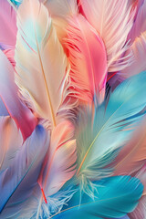 Fototapeta premium A soft and abundant spread of feathers in various colors and sizes, filling the entire frame. The feathers showcase a range of hues from bright and bold to soft pastels.