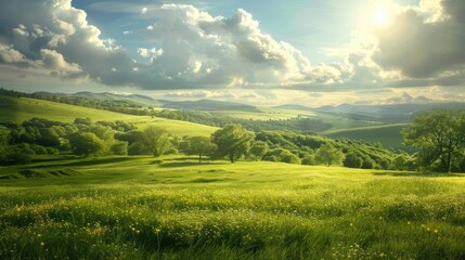 A peaceful countryside scene with rolling hills.