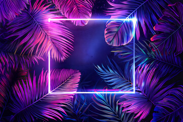Vibrant neon blue and purple tropical leaves and plants, neon rectangular frame, abstract banner, background