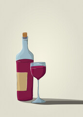 Red wine glass and bottle ,textured effect background. Copy space hand drawn graphic illustration.