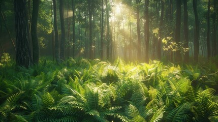 A peaceful forest glade with sunlight streaming through the trees, illuminating a carpet of ferns. 8k, full ultra HD, high resolution, cinematic photography