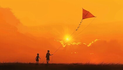 Sunset Serenade: A Boy and Girl Soar with their Kite in the Endless Field