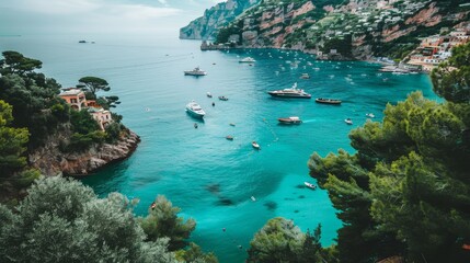 Vintage summer day in positano, renowned italian resort town view, retro toned beauty in italy