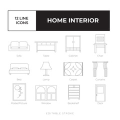 Home interior line icon set vector simple, black and white vector icon bundle