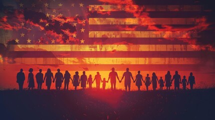 A group of people holding hands in front of a large American flag