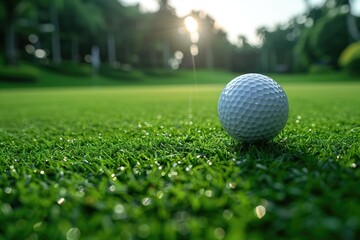 Obraz premium Close-up of a golf ball on a putting green with green in the background