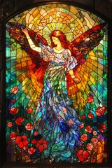 Colorful and beautiful stained glass window of an angel in a gorgeous majestic frame