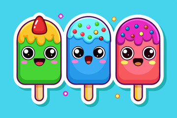 kawaii sticker featuring three colorful popsicles vector illustration