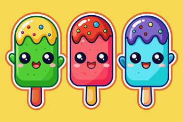 kawaii sticker featuring three colorful popsicles vector illustration