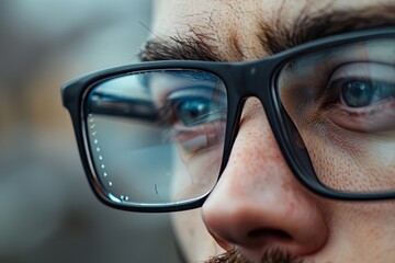 Man s reflection of data on glasses, big data and user experience designer concept on face