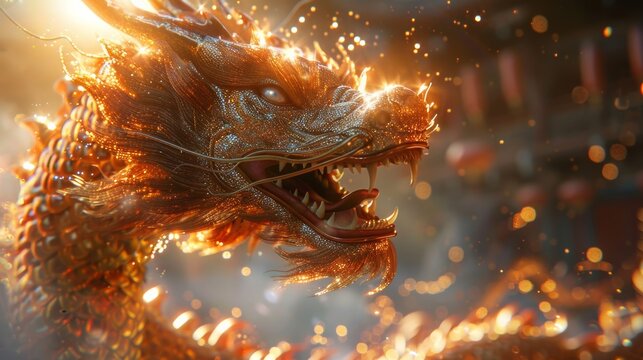 An illustration of a terrifying fantasy animal named a dragon that has all golden skin, a long body, sharp teeth, and two beautiful horns is flying in the sky among Chinese buildings.