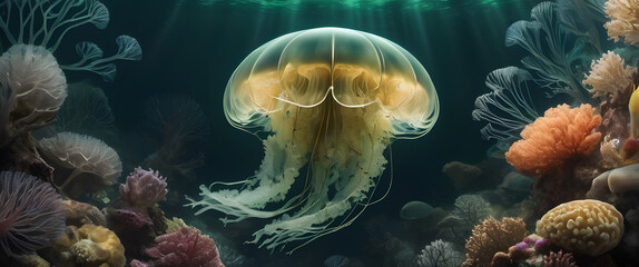 Obraz premium Black and Green: Portrait of a ghostly jellyfish and coral and fish, shiny aura, highly detailed, gold filigree, intricate motifs, organic tracery, perfect composition, smooth, sharp focus, sparkling 