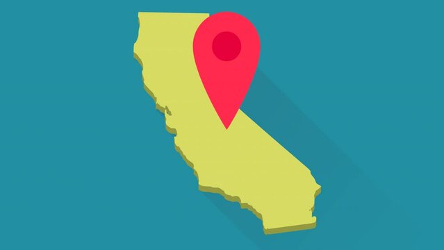 Looped animation of a red location marker bouncing on the 3D yellow map of US state of California on blue background with long shadow design (flat design)