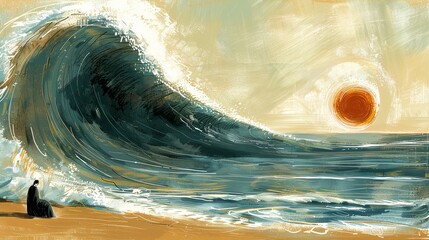 Fototapeta premium A man is a warrior with a sword in Japanese style. The man seems to be fighting the ocean. A large ocean wave and a red circle symbolizing the rising sun. Illustration for varied design.