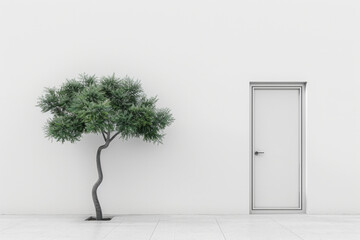 Obraz premium A simple door with a small, minimalist tree growing out of the side. The background is a plain white, making the door and tree stand out as the central elements. 