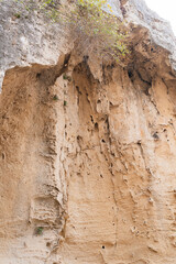 Texture of sandstone in a cave in the rays of the sun.