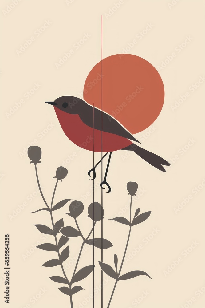 Poster minimalist illustration of a robin perched on a thin branch with a setting sun in the background.