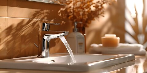 Water flowing from bathroom sink faucet. Concept Flowing water, Home plumbing, Bathroom maintenance