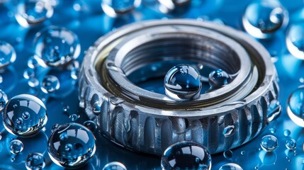 Metal bearing close up  dynamic oil splashes represent machinery lubrication and maintenance