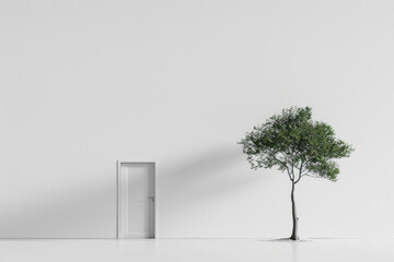 A simple door with a small, minimalist tree growing out of the side. The background is a plain white, making the door and tree stand out as the central elements. 