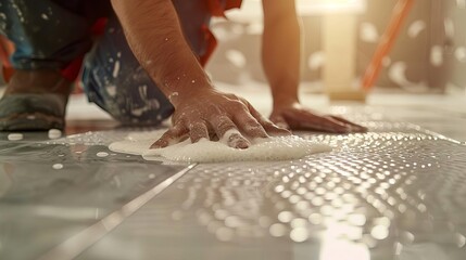 Obraz premium Closeup of hands laying ceramic tiles on the floor in room under construction, male worker tiling white tile with comic dots Vibrant color, studio lighting, Sony 7 IV,200mm lens