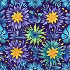 Seamless tile of vivid tropical leaf mandala, bright hues, flat design,symmetrical shapes