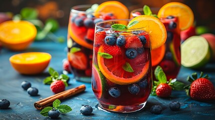 Fototapeta premium Refreshing berry sangria with slices of orange and mint on a rustic blue background, featuring strawberries, blueberries, and citrus fruits.