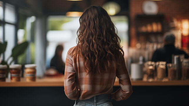 Female in a cafe, bar. view from the back	