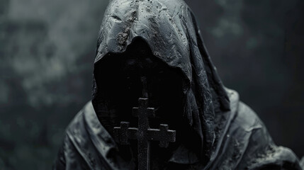 Hooded figure with a cross in a mysterious and eerie atmosphere, inducing fear