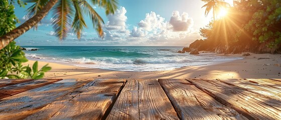 Empty wood table over blue sea, beach and palm leaves background in summer day.