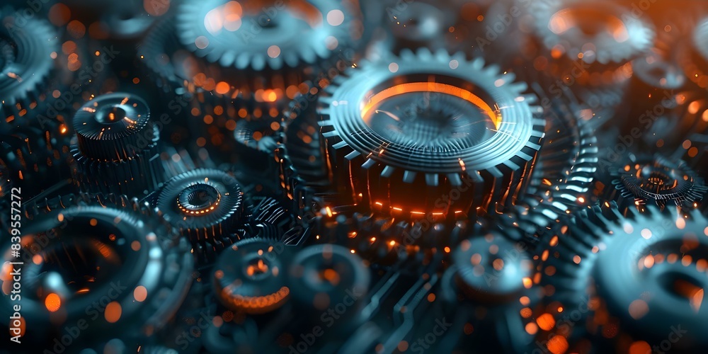 Poster exploring a futuristic wireframe digital technology concept with rotating gears in 3d. concept wiref