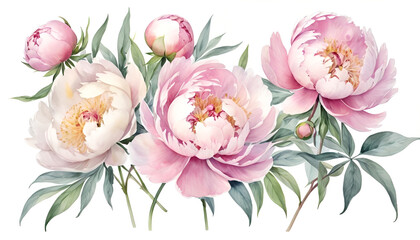 peonies painted on a white background